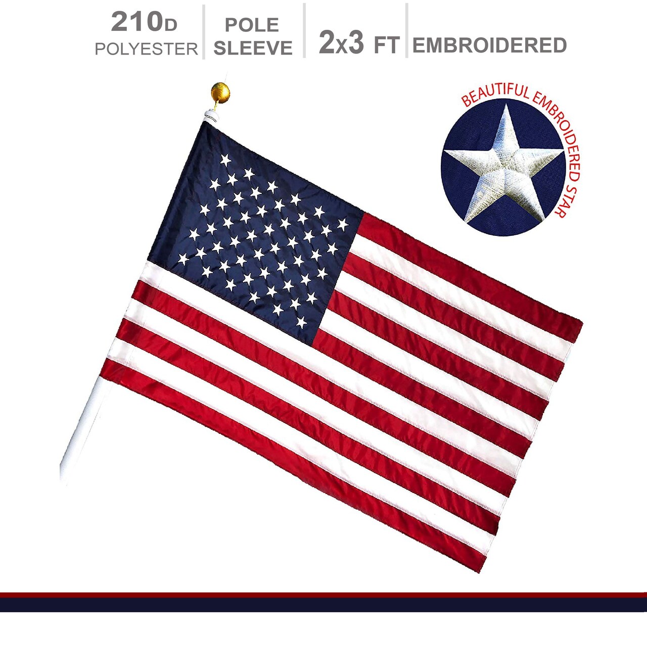 American Flag 210D Embroidered Polyester 2x3 Ft - with Pole Sleeve